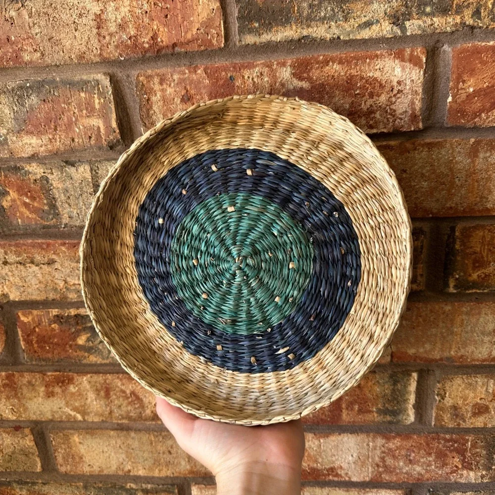 Handwoven Round Seagrass Basket with Lid Blue Green Neutral Striped Boho Storage